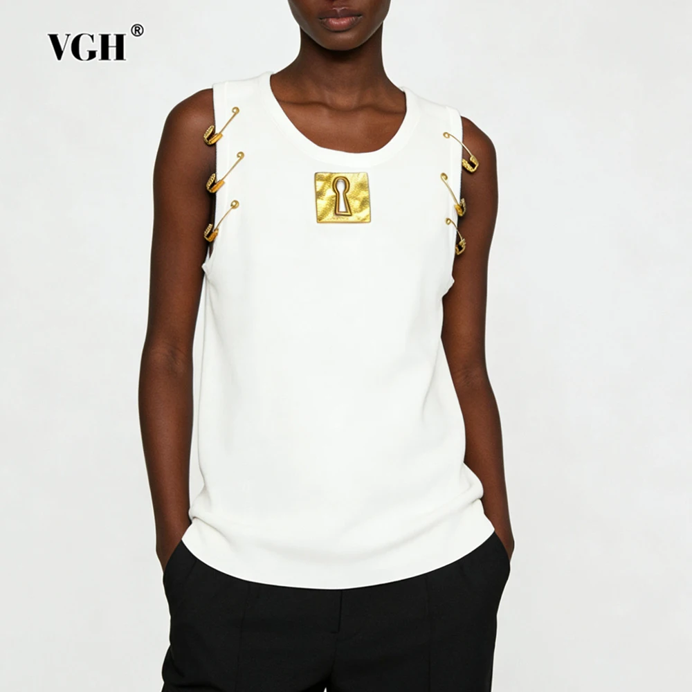 

VGH Solid Slimming Spliced Metal Casual Vests For Women Round Neck Sleeveless Summer Design Sense Vest Female Fashion Style New