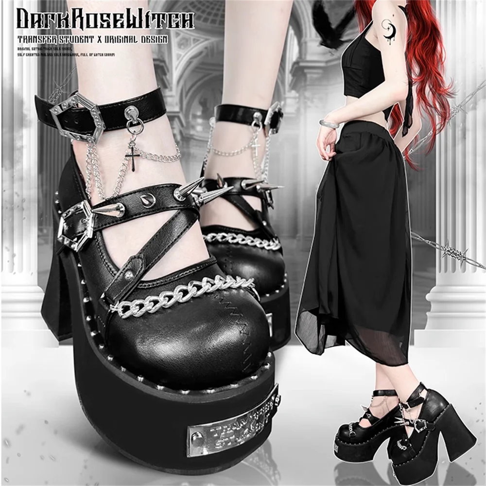 Original Summer Punk Style Round Toe Thick Sole Cake Shoes Y2K Riveted High Heels Women\'s Lolita Witch Shoes