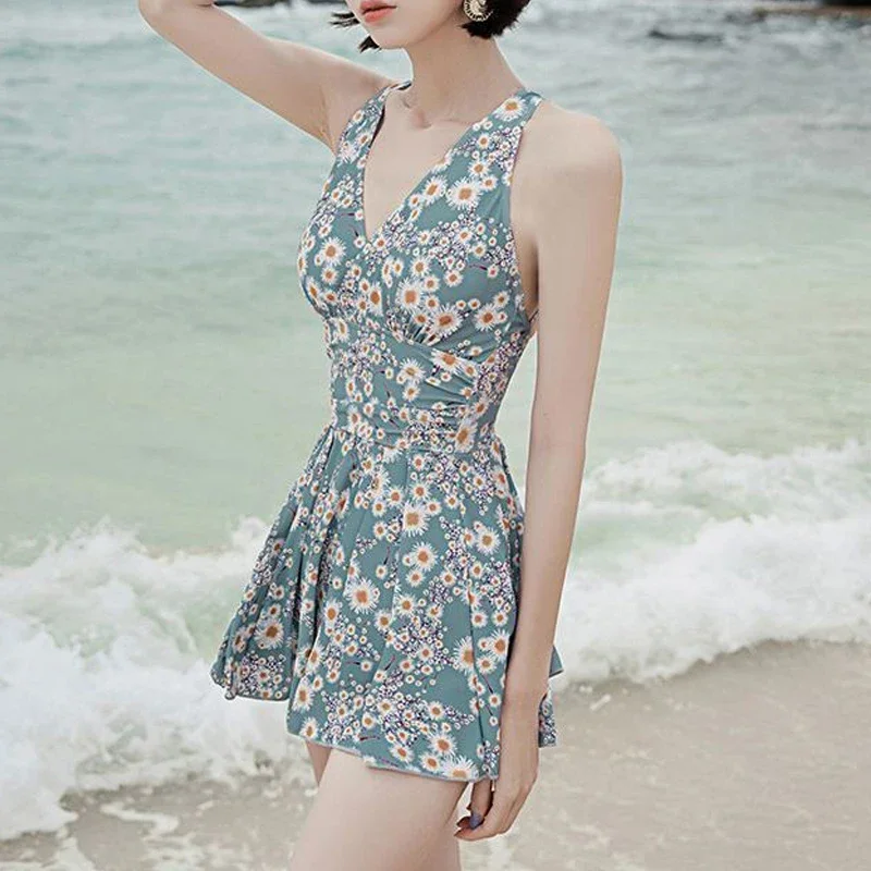 Women Floral Print Ruched One Piece Swimsuit Summer V Neck Push Up Sexy Beach Mini Dress Swimwear Slim Bathing Suits Z447