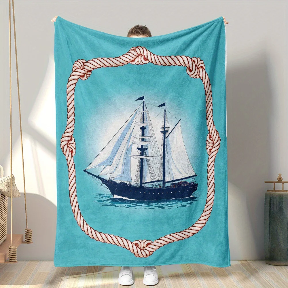 Large Nautical Sailing Ship Blanket Throw 150x200cm Coastal Maritime Decor Sea Life Gift for Home