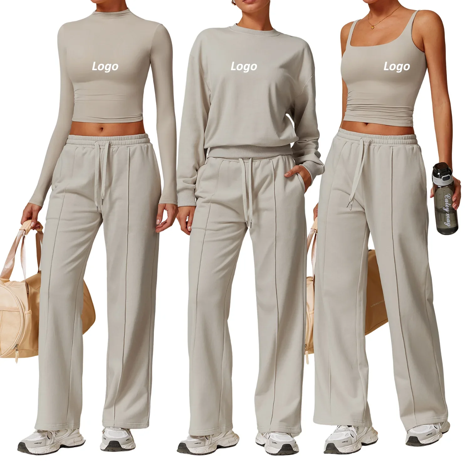 Custom Logo Women's 2 Piece Lounge Set Long Sleeve Crop Top Sweatshirt Wide Leg Pants Casual Activewear Tracksuit