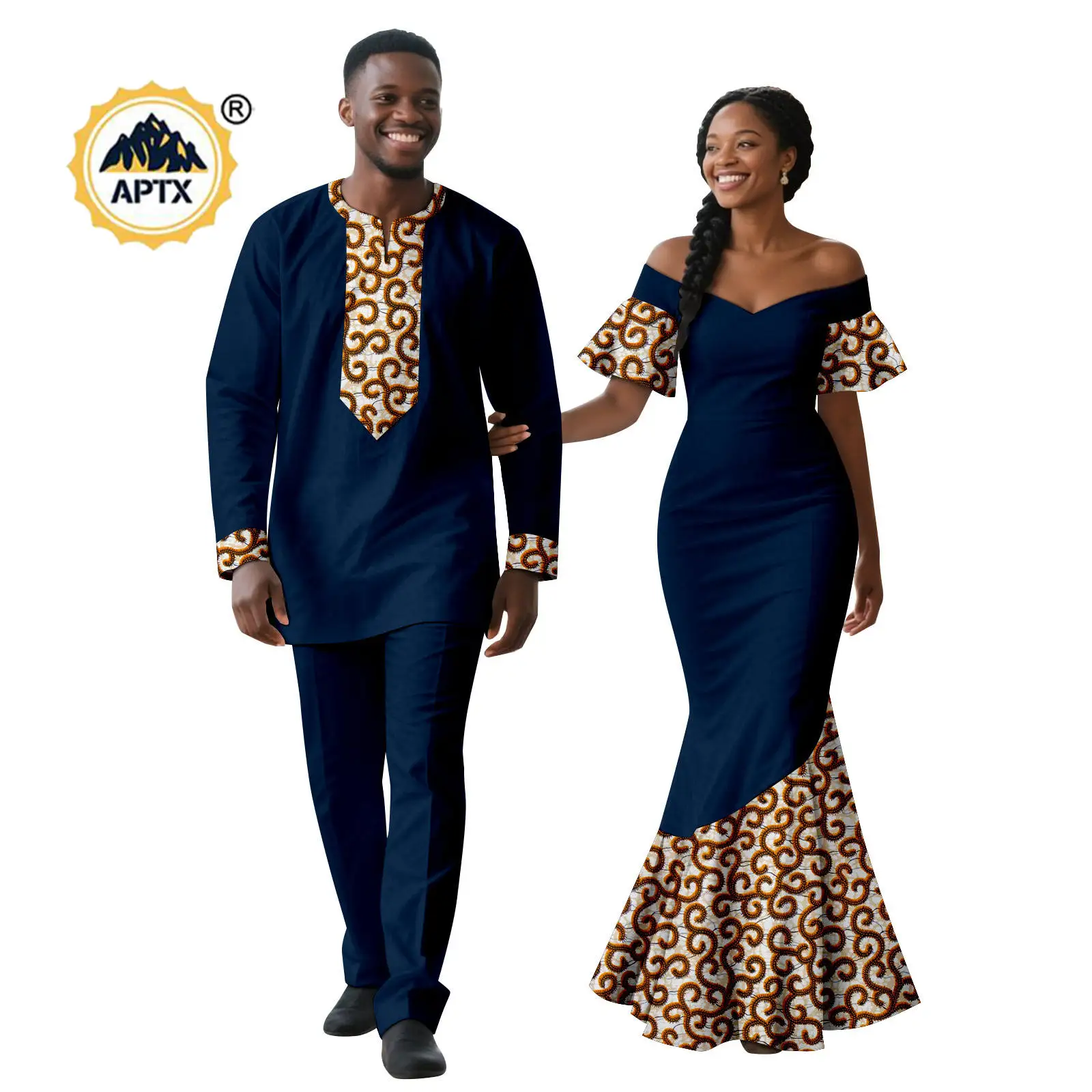Robes sirène imprimées africaines Sexy pour femmes, tenues de Couple assorties, vêtements africains Dashiki pour hommes, ensembles haut et pantalon 25C070