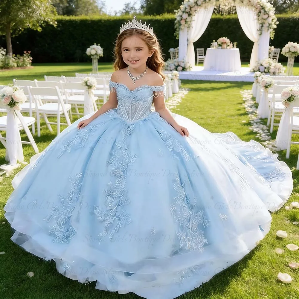 Vestido de Princesa para Concurso con Cola Azul Cielo 2026, Vestido de Cumpleaños para Niñas, Vestido de Dama de Honor con Cuentas y Encaje, Vestido Personalizado para Fiesta de Boda