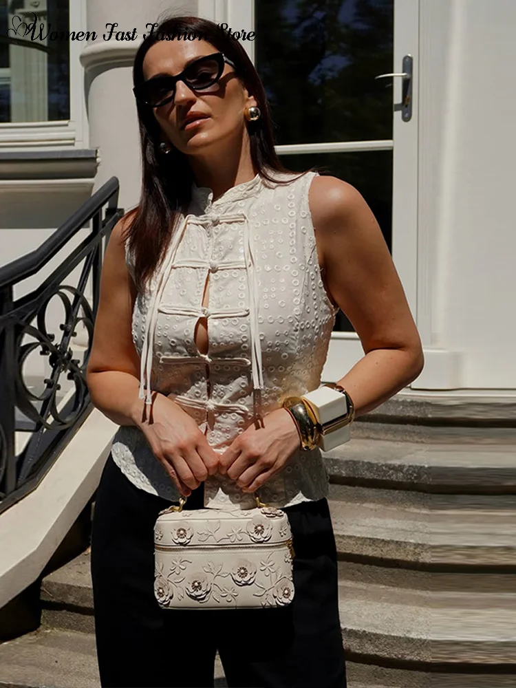 Embroidered Hollow Out Tank Tops Women's Slim Stand Collar Sleeveless Frog Button Blouse 2026 New Lady Single-breasted Shirts