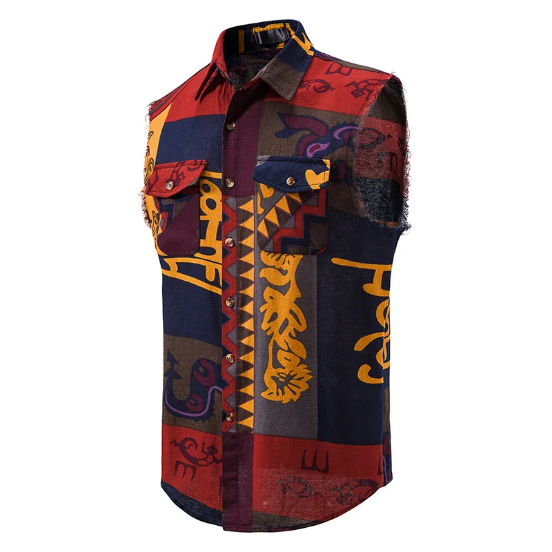 Men\'s African Print Sleeveless Hippie Shirt Casual Button Down Cowboy Cotton Vest Shirt Men Hip Hip Traditional Dashiki Clothing