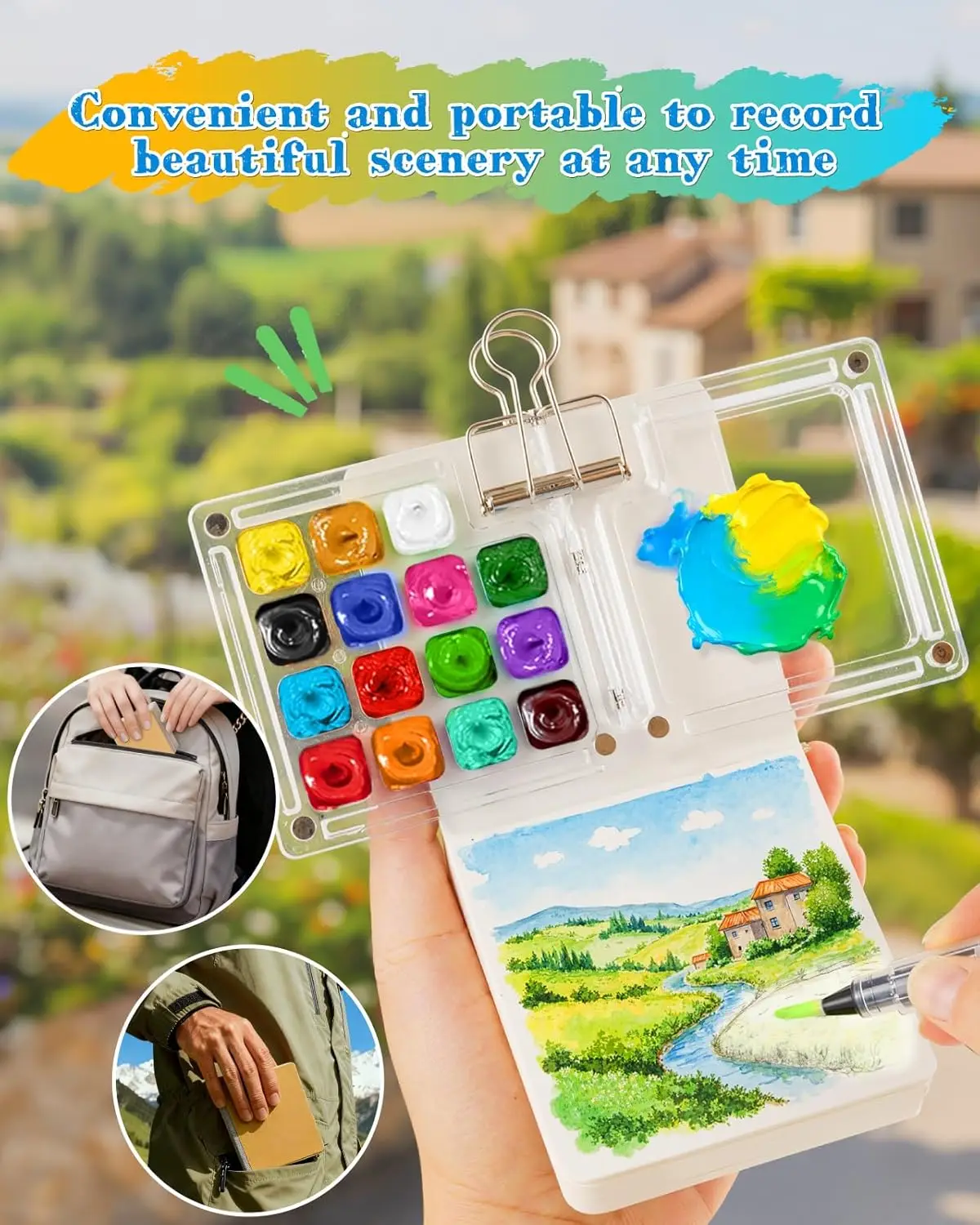 Mini Portable Watercolor Paint Color-matching Tray with Brush and Clip, Paint Palette Travel Kit, 8/15 Colors Grid Paint Box