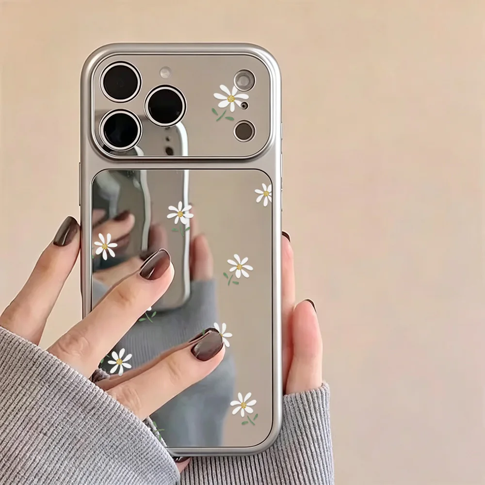 Flower Phone Case For iPhone 16 18 15 14 13 11 12 17 Pro Max Luxury Large Window Soft Shockproof Make Up Mirror Cover Fundas