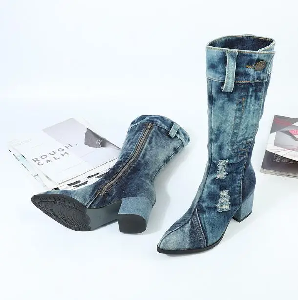 Inverno donna moda Jeans blu Denim punta a punta 6 CM tacchi quadrati stivali al polpaccio cerniera laterale Retro bottoni Shabby stivali da