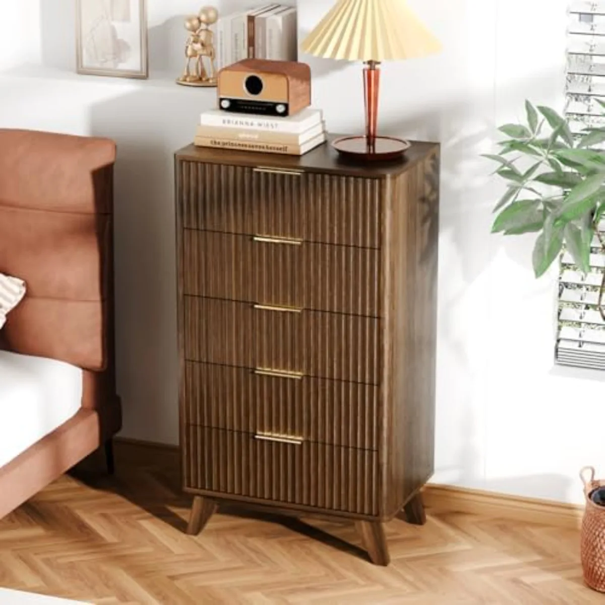 Fluted Tall Dresser 5 Drawer, 23.66" W Chest of Drawers, Walnut Wood Dresser for Bedroom Mid Century Modern with