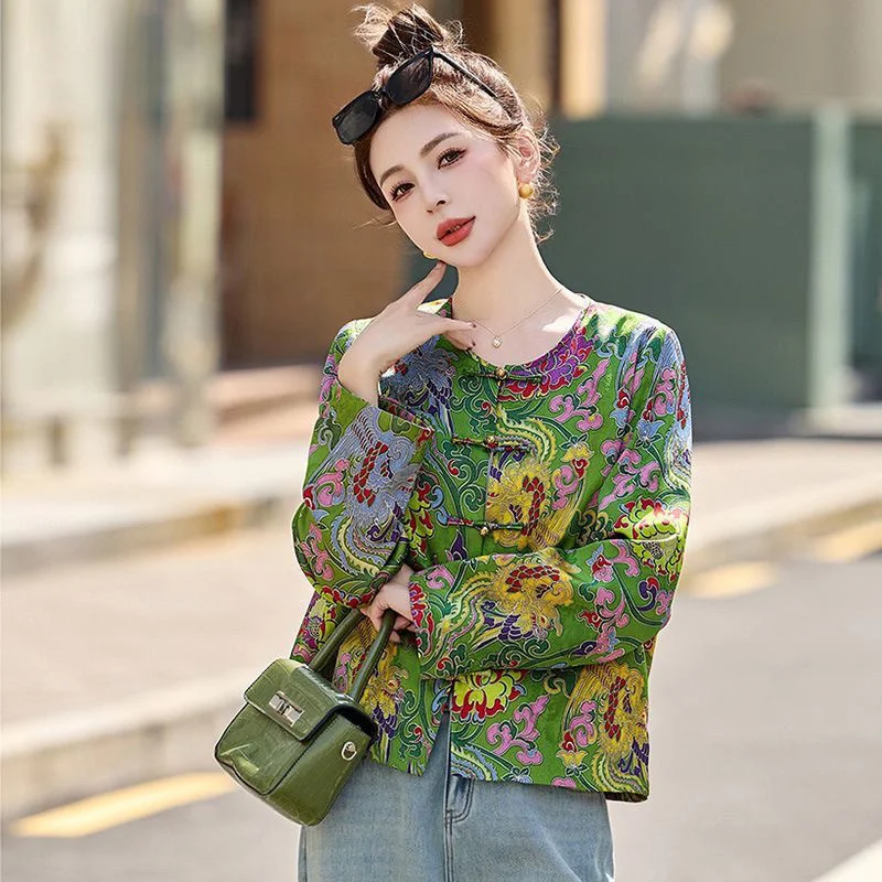 New Chinese Style Top Coat Women's Spring Autumn Printed Jacket Fashion Slimming Short Versatile Stand Collar Top Outerwear