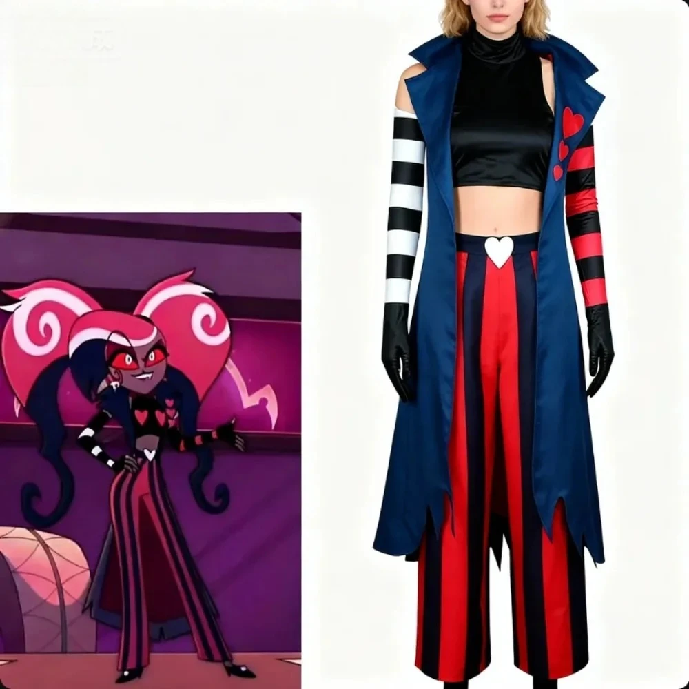 

Cartoon Character Cosplay Costume Set - Fashionable Long Coat Striped Sleeves Hazbin Hotel Hell Inn Cos Velvet Cosplay Costume