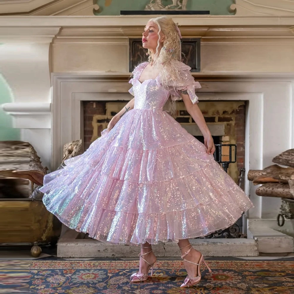 Princesa lantejoulas rendas vestidos de baile glitter babados em camadas rendas inchado pageant vestido de festa mangas puff arco meninas vestidos de brithday