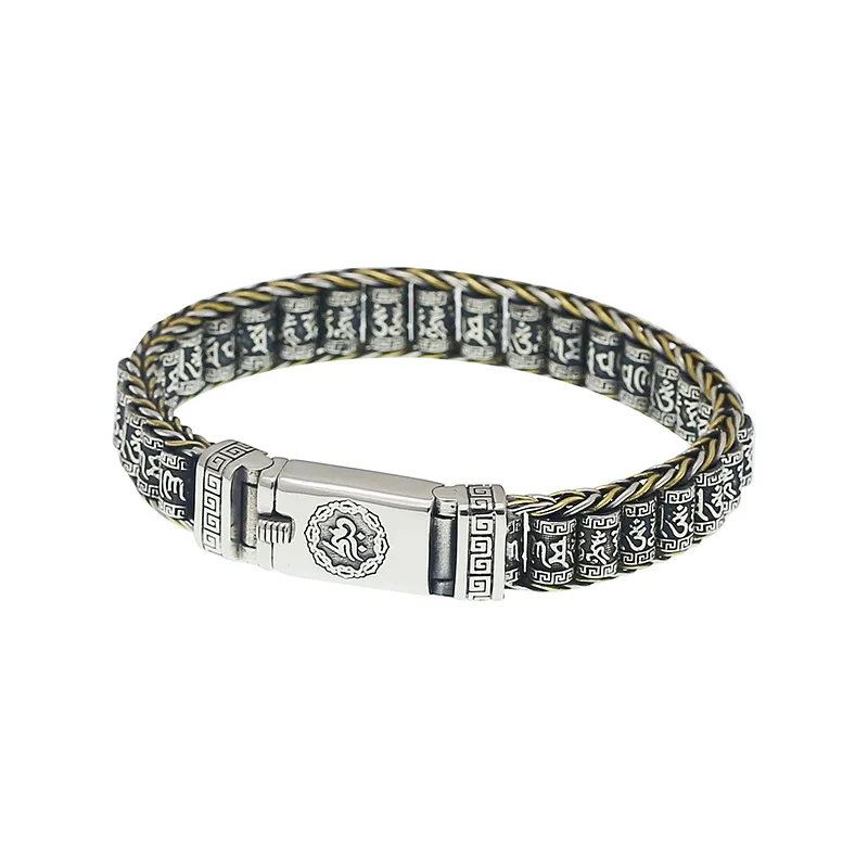 S925 silver six-character mantra warp barrel national trend style bracelet hand-woven retro thai silver jewelry