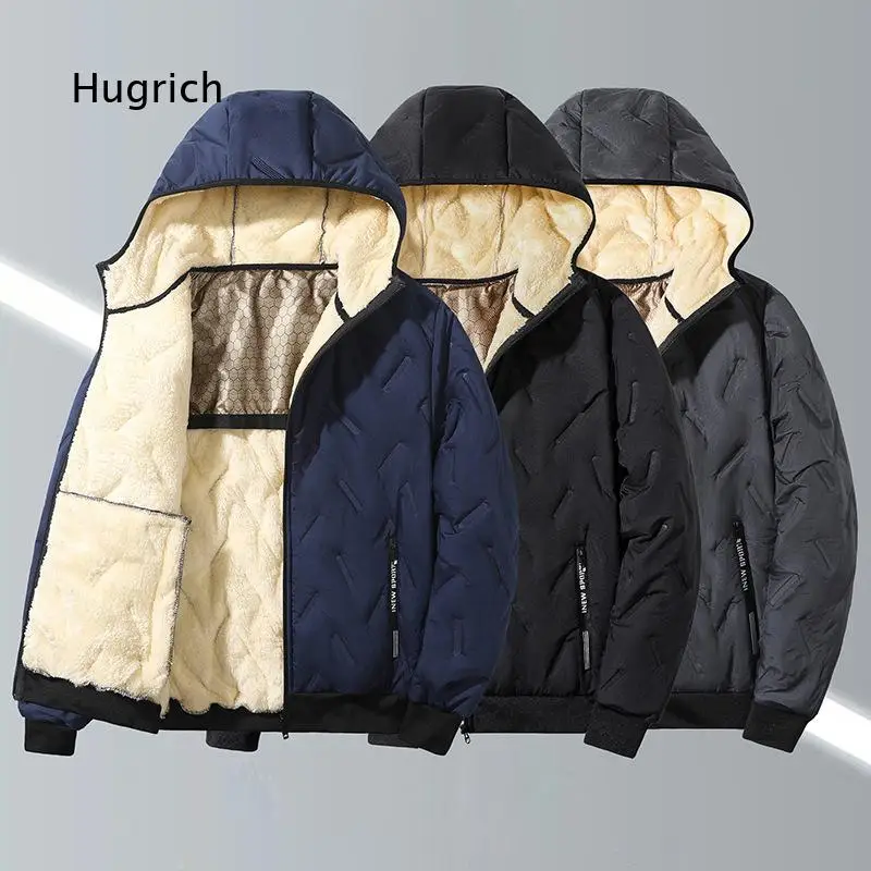 Men Graphene Warm Hooded Cotton Coat Fleece Lined Faux Lamb Wool Thickened Outerwear Ultrasonic Quilted Cotton Garment For Cold