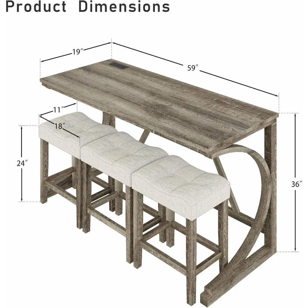4-teiliges hohes Theken-Bartisch-Set mit Steckdose und 3 stoffgepolsterten Barhockern, hoher Frühstücksecke für die Küche mit Hocker