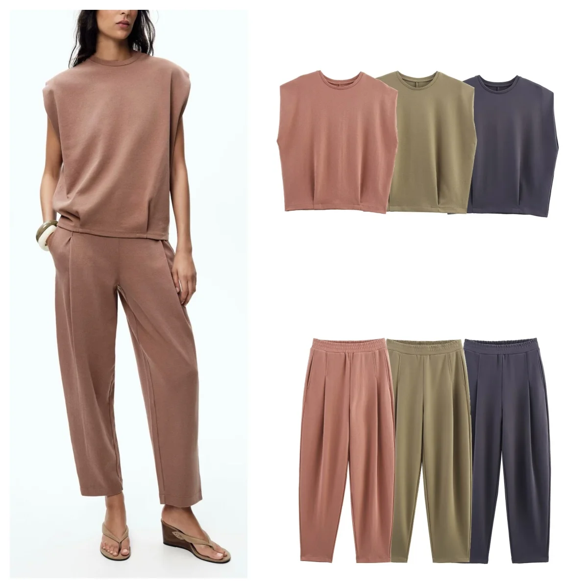 

European and American style 2025 summer new leisure suit double-sided cloth round neck sleeveless T-shirt top with high waist st