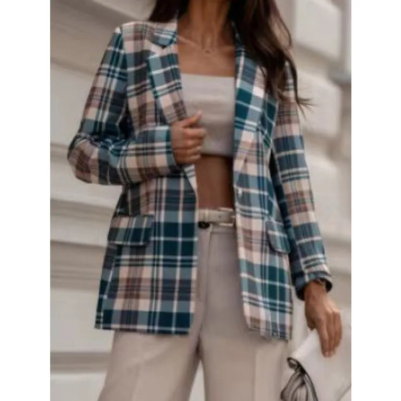 

S-XXL Women's Fashionable One Button Lapel Coat Ladies Casual Plaid Printed Long Sleeved Suit Jacket