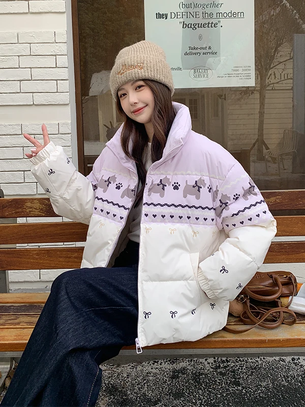 

Korean Sle ort Thiened Winter Cotton Jaet Women's Faion Anti-Aging Print down Jaet Warm Commuter Polyester Fabric