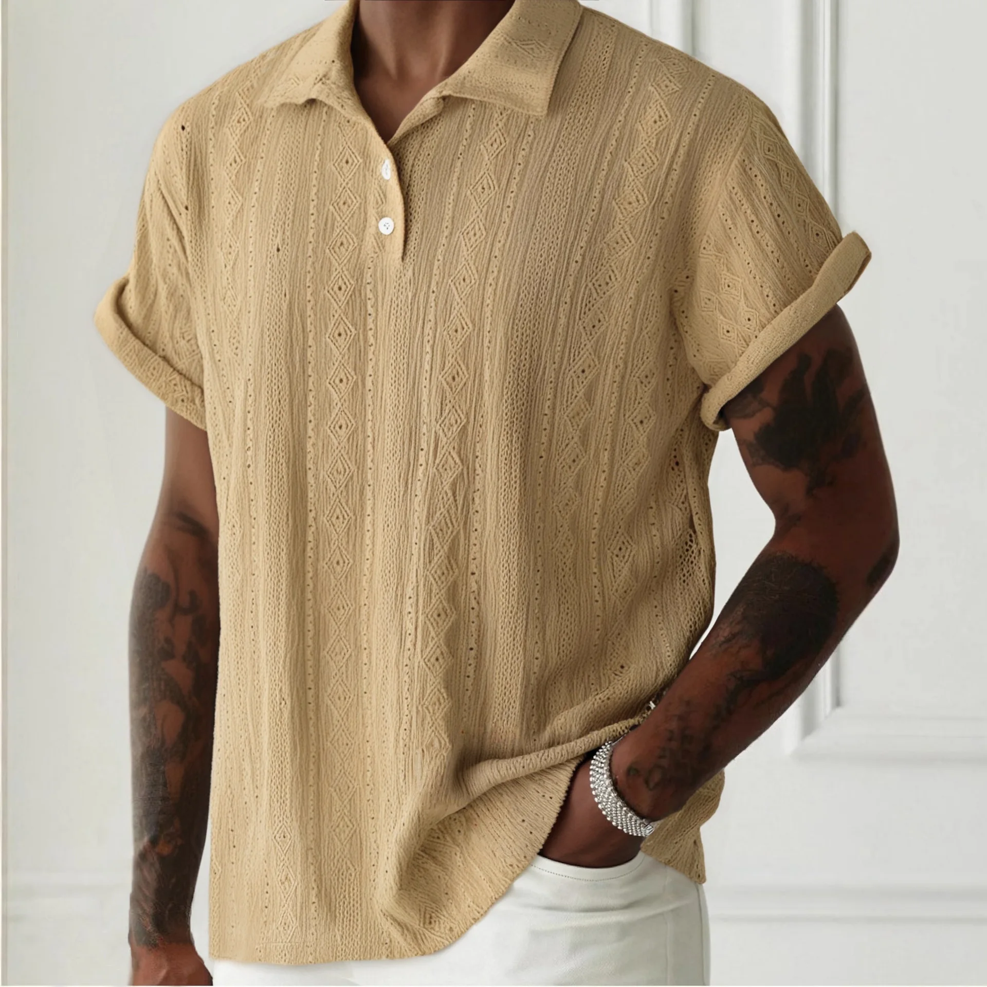 세련된 자카드 텍스처 남성 폴로 셔츠 여름 빈티지 버튼 - Men'S Fashion Polo Shirt 리뷰 및 가격
