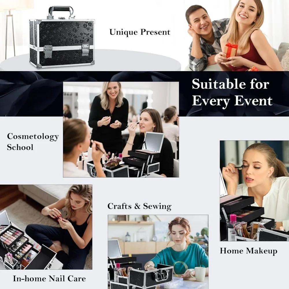 Large 11.8 Inch Makeup Train Case with Mirror, 3 Trays & Locking Storage for Cosmetics Travel Organizer Black Floral