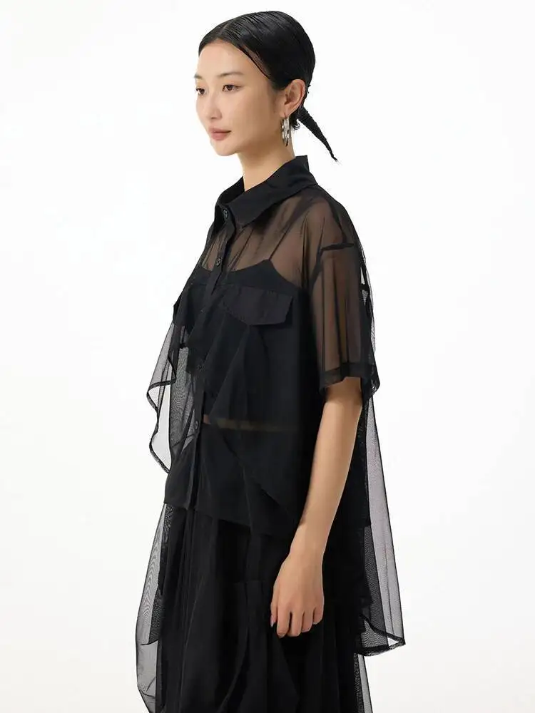 

Black Mesh Women Perspective Big Size Thin Blouse New Lapel Short Sleeve Shirt Fashion Spring Summer 2026 9RDK