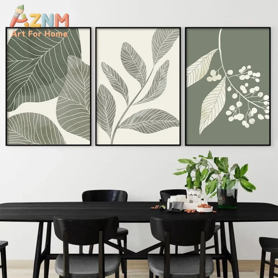 1 Pieza/3 Piezas, Pintura Moderna en Lienzo con Diseño Geométrico Abstracto de Hojas Frescas, Decoración Nórdica para Sala de Estar o Dormitorio