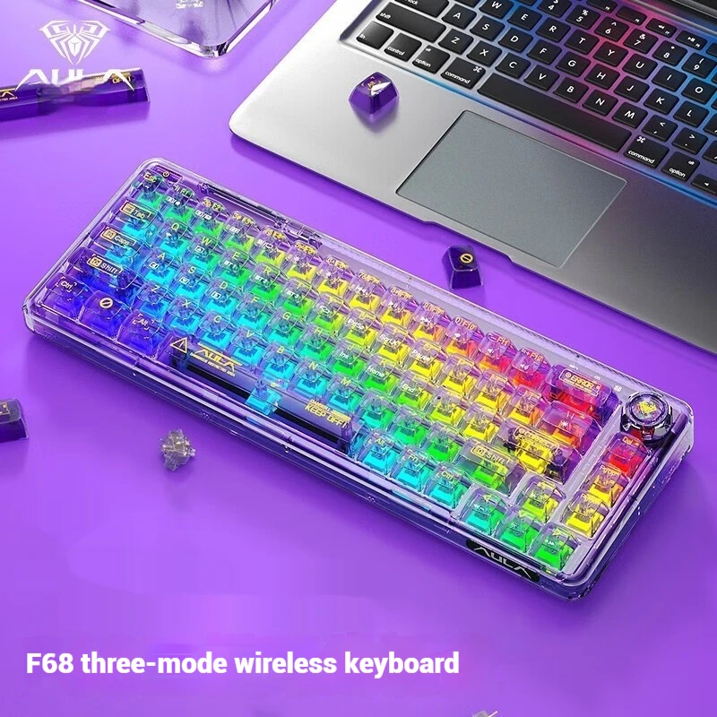 AULA F68 Mechanical Keyboard Customized Transparent Tri-mode Wireless Bluetooth 2.4G Hot-swappable E-sport Gaming Office RGB