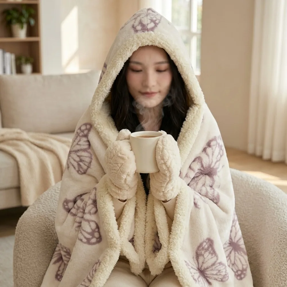 Butterfly Print Wearable Hooded Blanket Sherpa Lined Cape with Gloves Warm Throw for Adult Sofa Office Nap