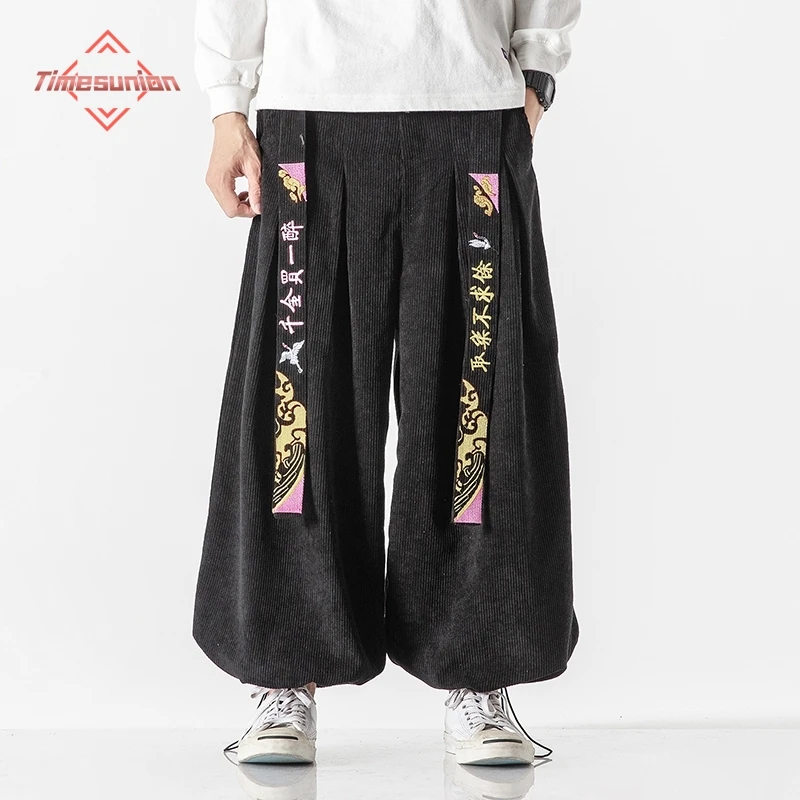 2023 Autumn and Winter Pants for Mens Chinese Style Ribbon Embroidery Couple Hanfu Harem Pants Comfortable Warm Corduroy Pants