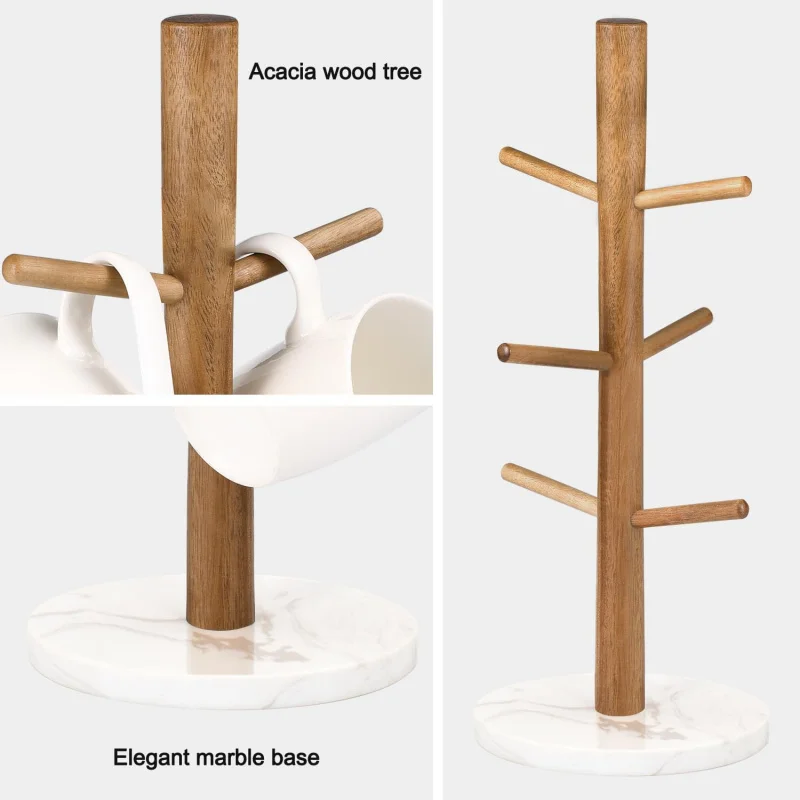 Wood Mug Holder, Marble Base Cup Rack Tree, Stand Hanger, Kitchen Coffee  Countertop Tea  , Dryer