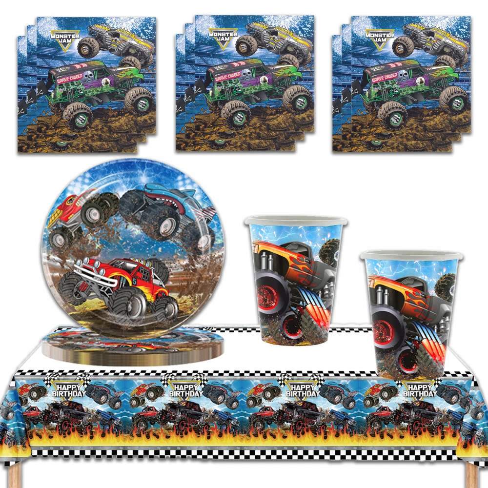 61pcs/lot Monster Truck Children's Birthday Party Boy Favor Blaze Car Paper Cup Plate Napkins Decoration Tablecloth Supplies