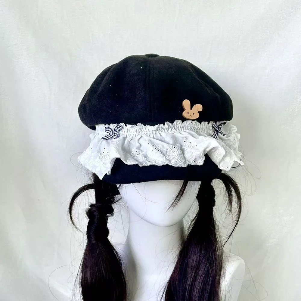 

Japanese Women Double Layers Lace Beret Cap Lolita Girls Lace Retro Gothic Octagonal Hat Street Photography Hat