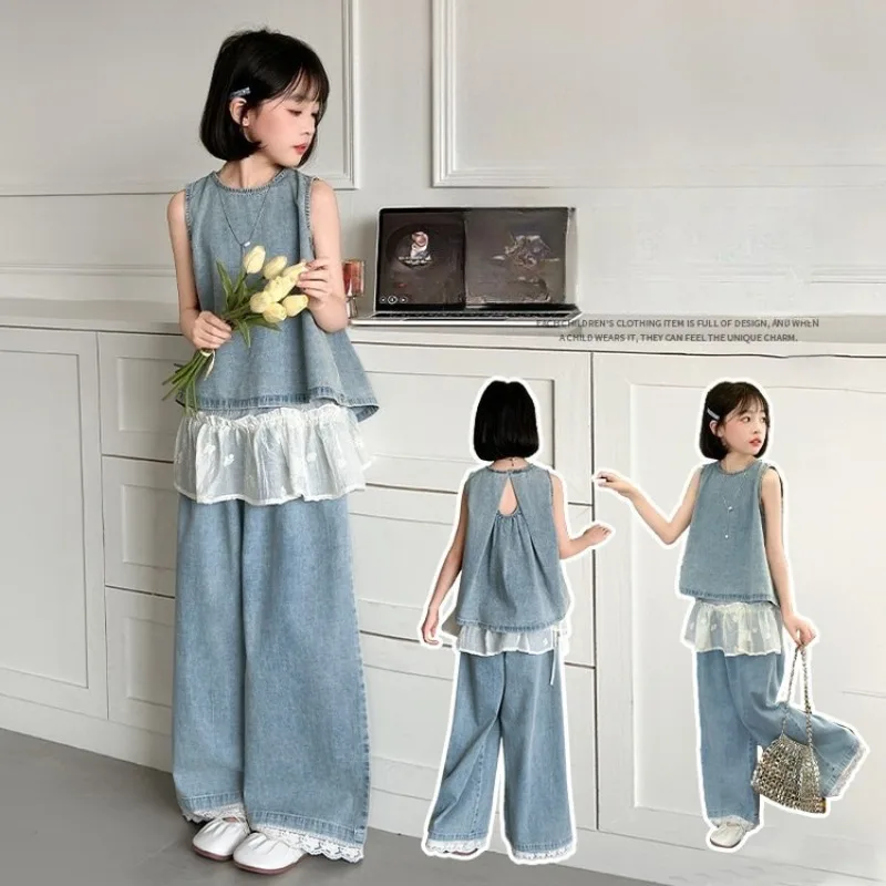 

Girls Fashion Summer Denim Set Teenage Kids Sleeveless Top+Lace+Wide Leg Pants Three-Piece Set Children's Casual Clothing Set