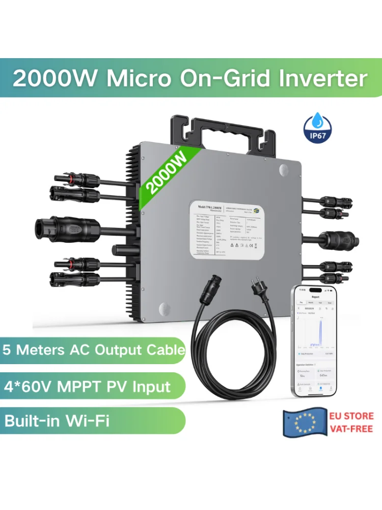 IP67 2000W On Grid Micro Inverter Plug&Play 230V 50Hz 4*MPPT PV Inputs for Home Balcony Solar System with Built-in Wi-Fi