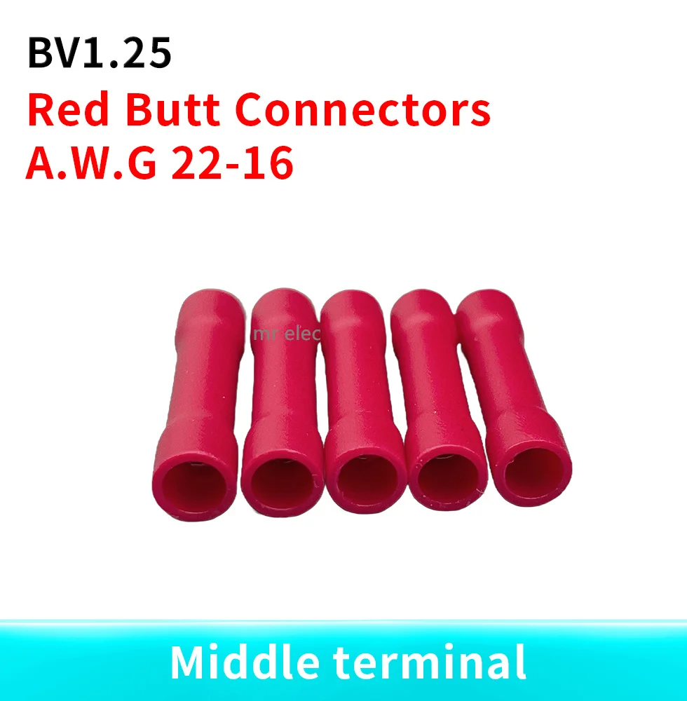 BV1 BV1.25 Full Insulating Wire Connector wire connector Butt Connectors Crimp Electrical Wire Splice Terminal 100 50PCS /Pack