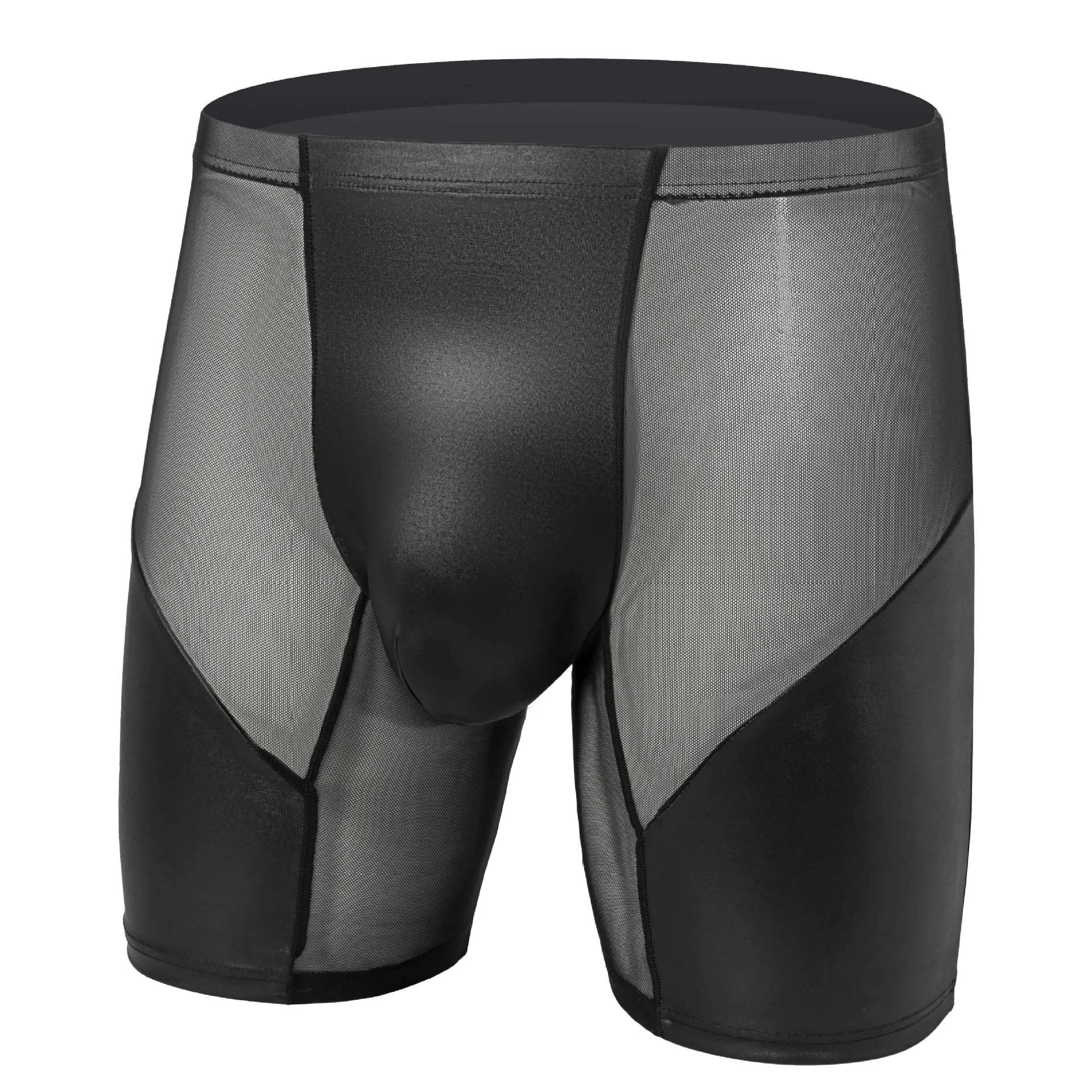 Mens Boxer Shorts Homme faux Leather Underwear Man Breathable Mesh Panties Pouch Middle Long Leg Underpants Cueca calzoncillo