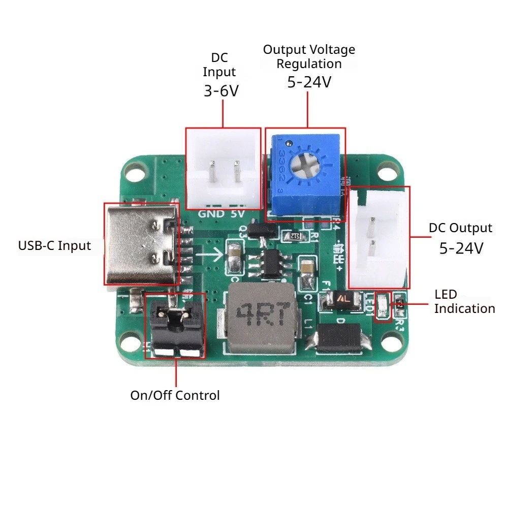 Adjustable DC-DC Boost Power Module Dual Input 3-6V/Type-C 5V to 5-24V 2A Output with ON/OFF Switch Short Circuit Protection