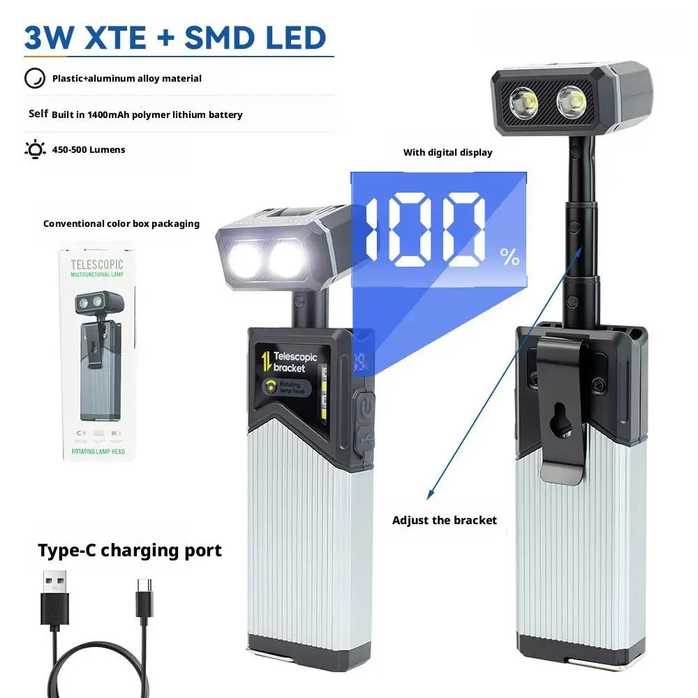 Telescopic Rotating Magnetic Work Lamp Outdoor Camping Multifunctional Maintenance Light Waterproof Rechargeable Flashlight