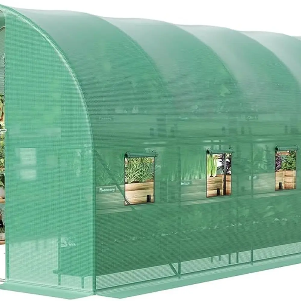 

27x10x7 FT Outdoor Walk-in Greenhouse with Swing Door, 16 Mesh Windows, Heavy-Duty Galvanized Steel Frame and Thick PE Cover, Gr