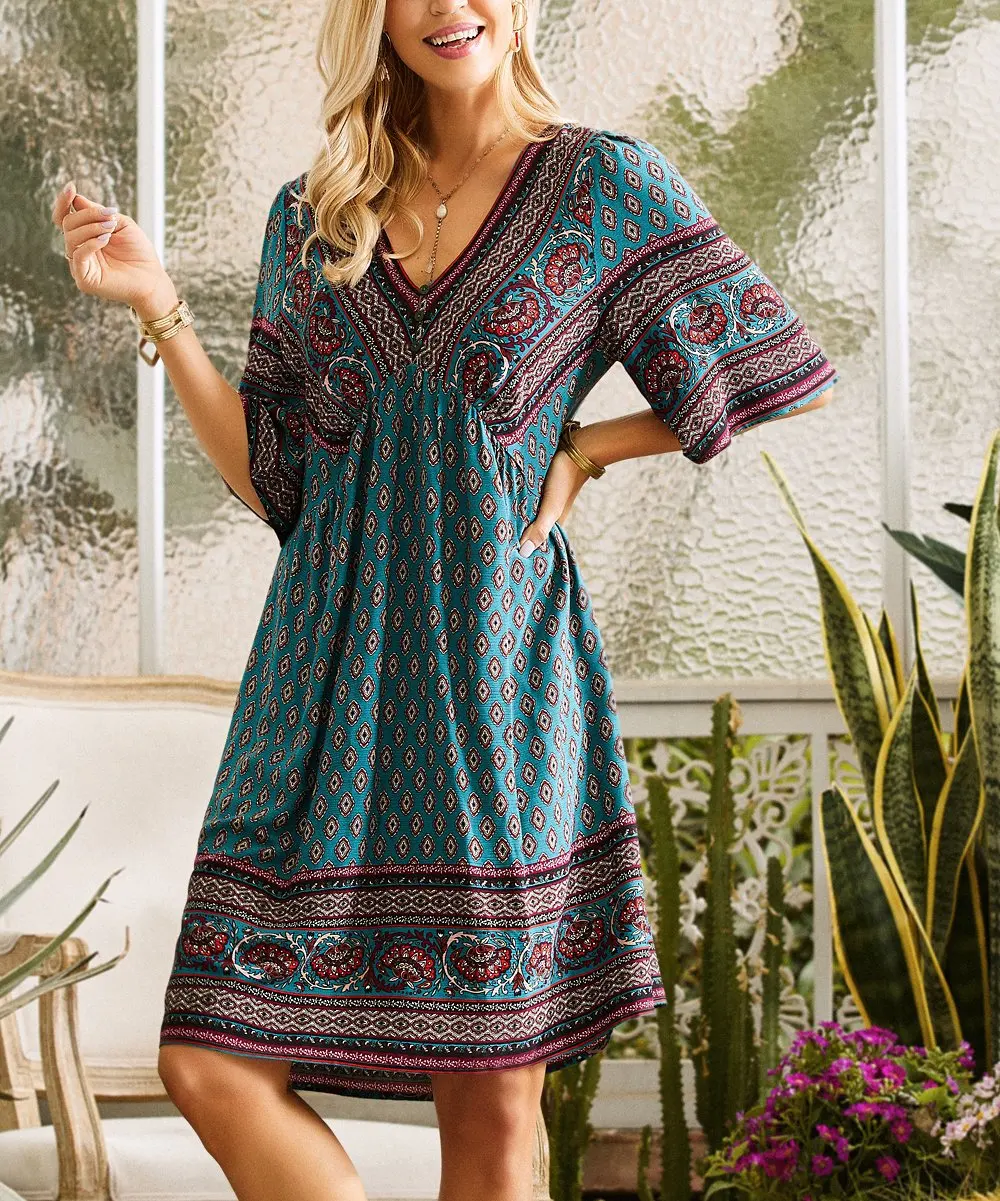 

Vestidos Female 2023 Summer New Fashion Casual Ethnic Style Dress Printed V-neck Set Head Short-sleeved Dress