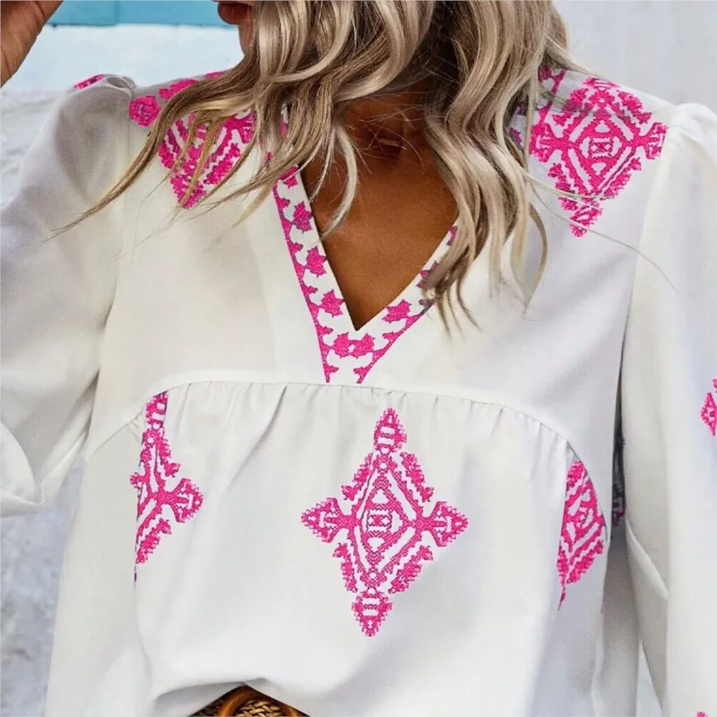 Women\'s Boho White Blouses New Summer Fashion Printed Three-quarter Sleeve V-neck Loose Tops Women Shirts Casual Pullover New