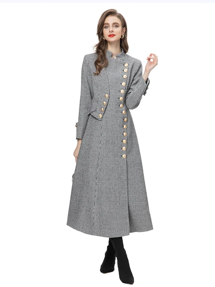 2024 Fashion topcoat Winter Vintage Thousand Bird Lattice Long Style Trench Coats Women's Stand Collar Long Sleeve Outerwear