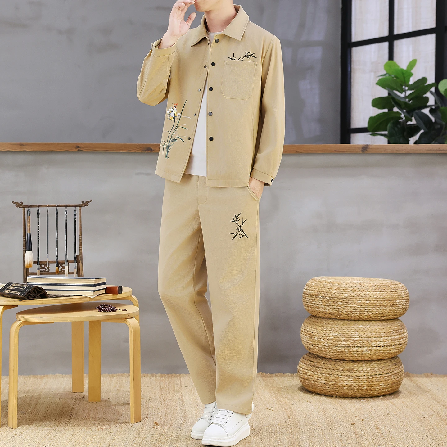 

New Chinese Sle Men's Jaet Set Casual Tang Suit Outerwear Two-Piece Set High-End Feeling Haome Hanfu for Autumn