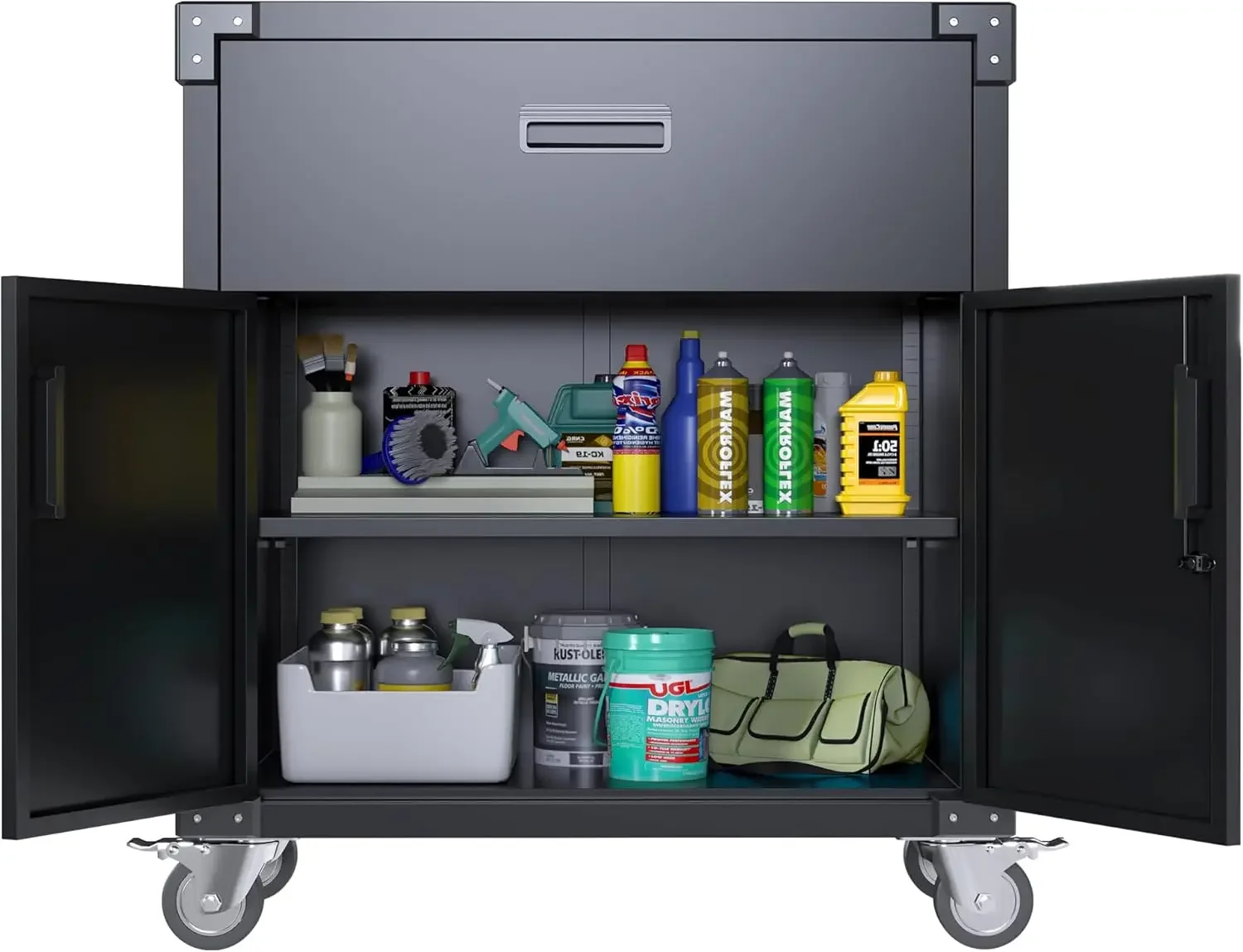 Garage Cabinet with Wheels,Mobile Storage Cabinet with 2 Doors & 1 Drawer, Steel Storage Cabinet for Garage, Home, Office,