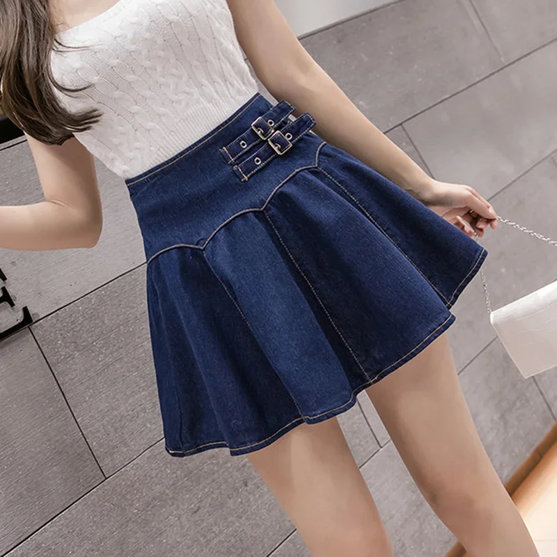 

Summer Women High Waist Slim Pleated Preppy Style Denim Skirts New Lovely A-Line Mini Skirt with Lining Female Casual Streetwear