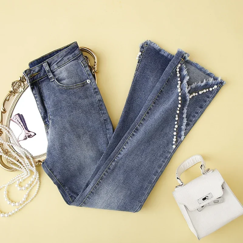 

New summer light color high waist slim slim micro trumpet Capris split pin bead rough jeans women s