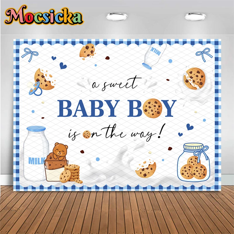Mocsicka Baby Boy Shower Backdrop Blue Gingham Milk Cookies Photography Background Birthday Party Decorations Photo Booth Banner