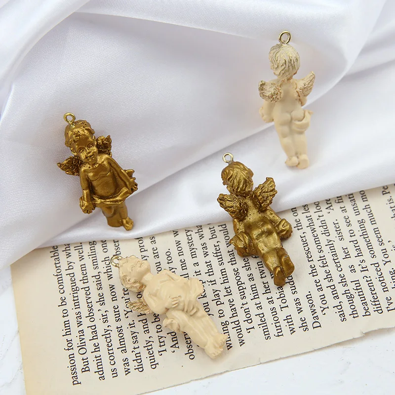 1pcs Diy Handmade Jewelry Accessories Retro Vintage Baroque Traced Gold Color Angel Earrings Pendant Material Resin Charms