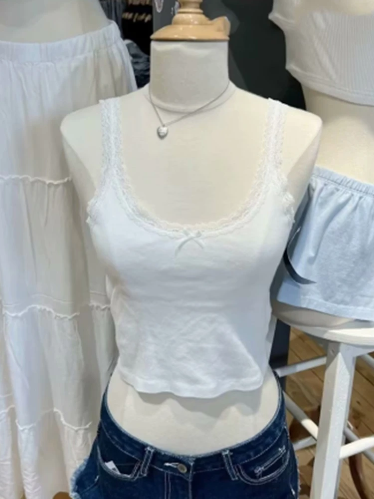 Casual Women Lace Edge White Camis 2023 Summer Casual Ladies Bow Ornament Sleeveless Solid Color Female Chic Tops