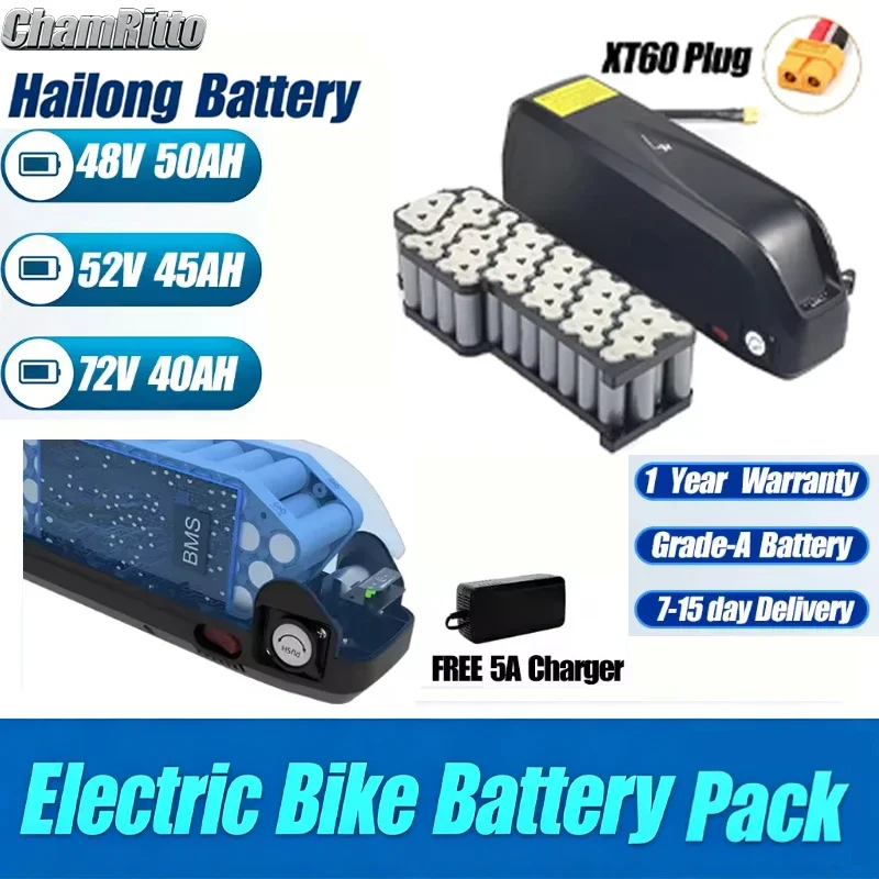

ChampionFor Hailong Battery 36V-48V-52V-60V-72V 20Ah 30Ah Rechargeables For Bafang 2000W1000W 750W 500W 250W BBS02 BBS03 BBSHD